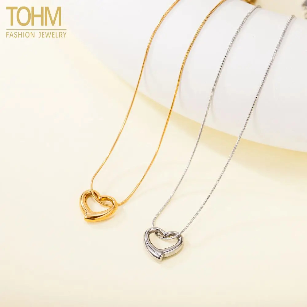 

TOHM Simple Heart Shaped Hollow Pendant Necklace Stainless Steel Waterproof Women Collar Collarbone Chain Trendy Jewelry Party