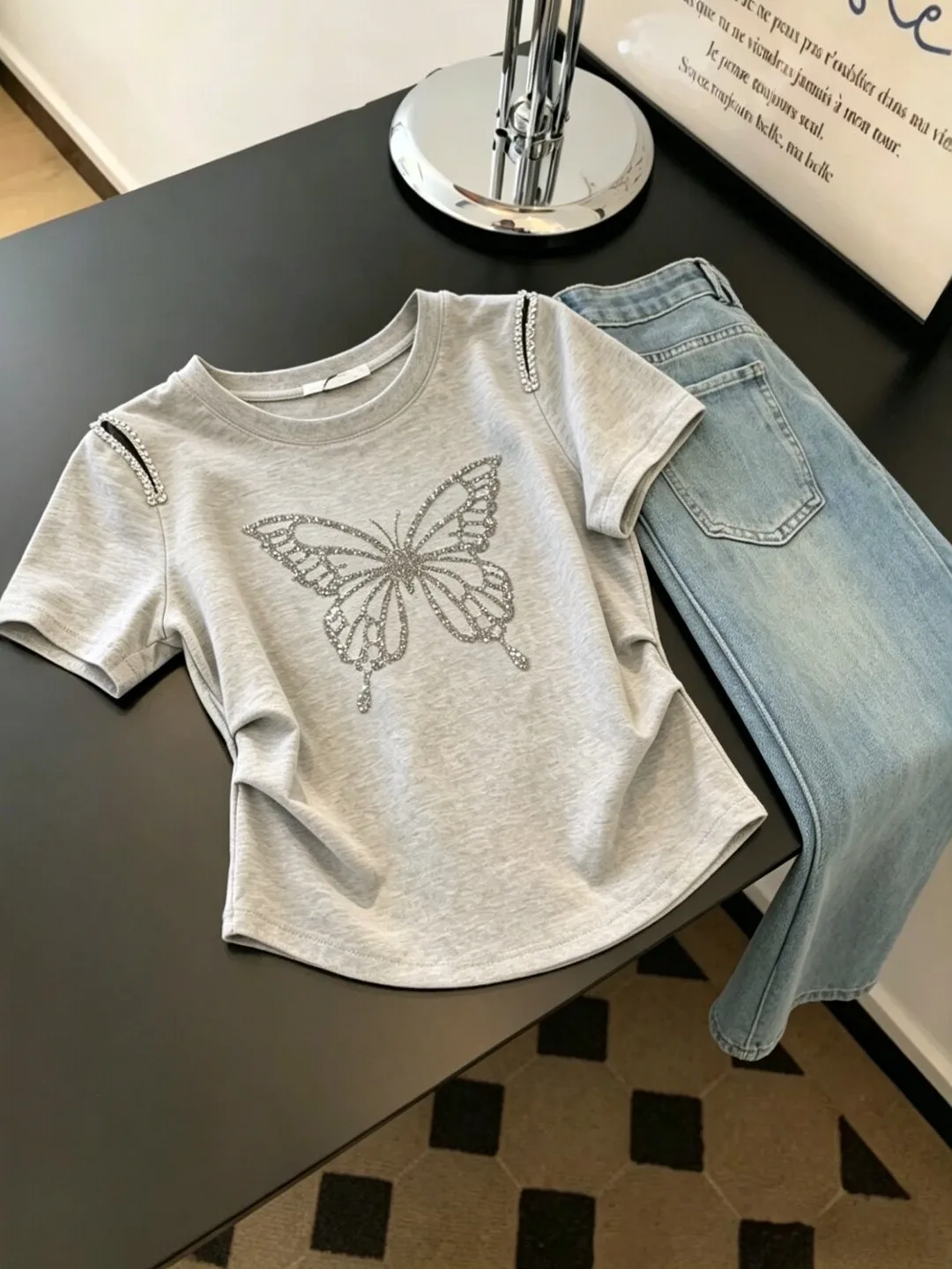 Embellished Short Sleeve T-Shirt Women's plus Size Gradient Color Pleated Casual Top High Waist Knot 4