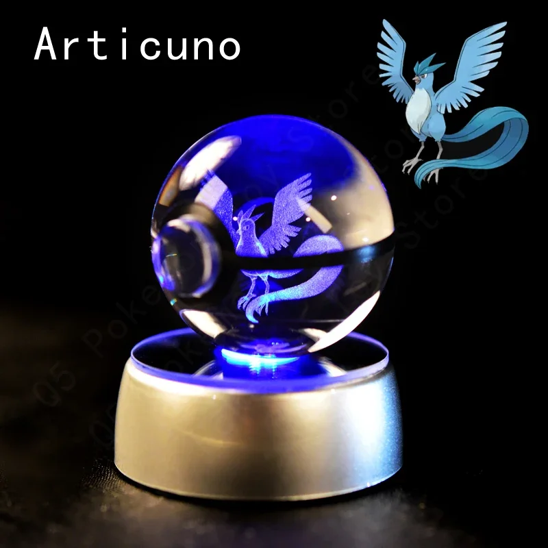 3D Pokemon Kristallkugel 5CM Mewtwo Pikachu Gengar Kristallglas Pokemon Ball Pokeball Figur Nachtlicht LED-Lampe mit Basis Geschenk