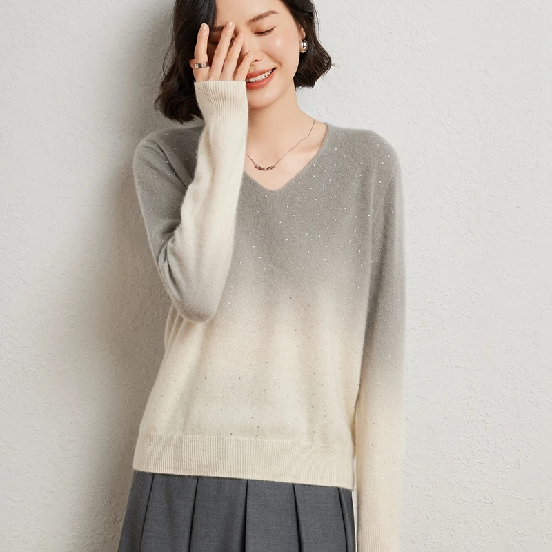 

V-Neck 100% Merino Wool Pullover Sweater Autumn And Winter Soft Women Long Sleeve Knitwear Elegant Clothing Tops