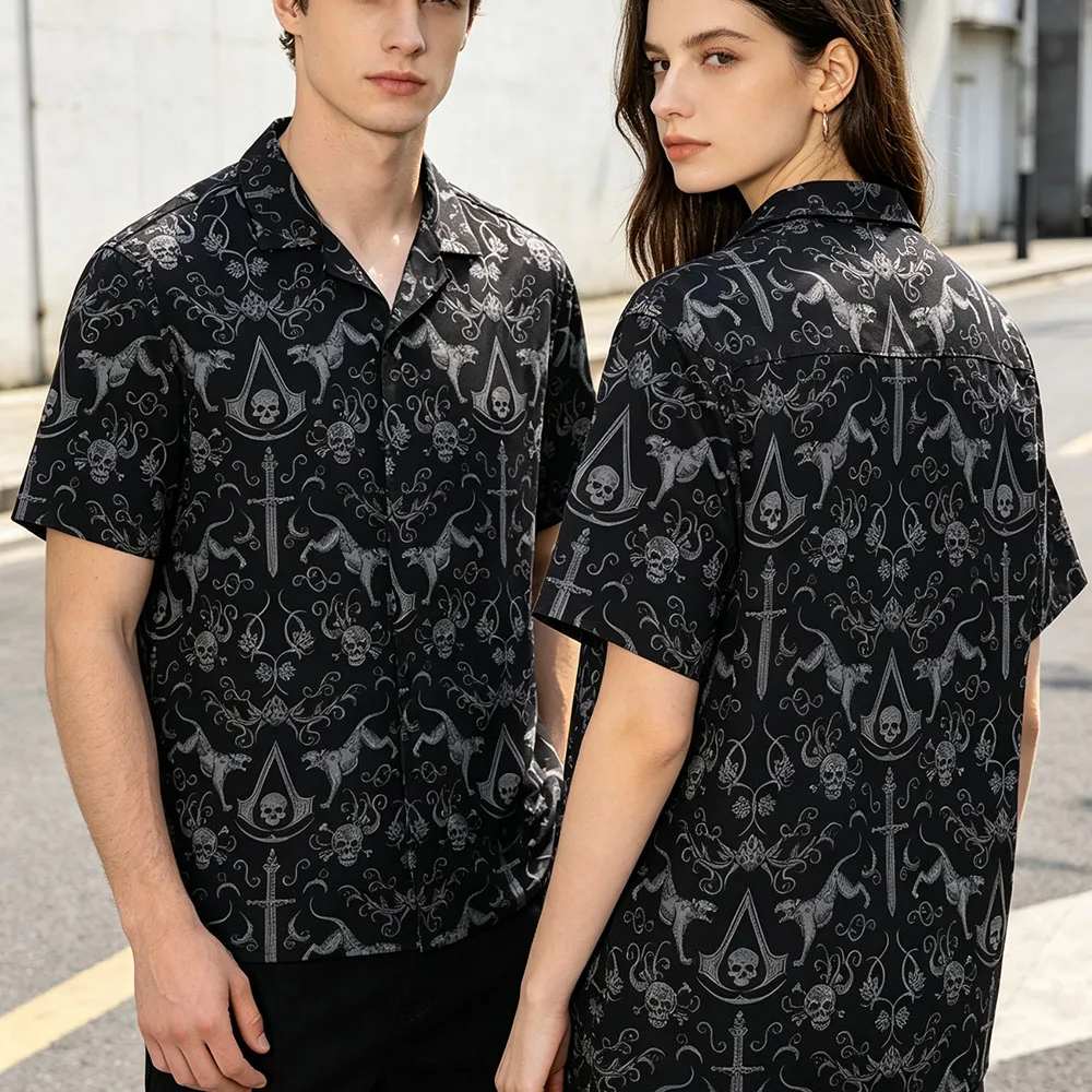 Assassin's Creed Black Flag Resynced Shirt Button-Up Summer Unisex Streetwear Short Sleeve Loose Design Print Clothing Chemise