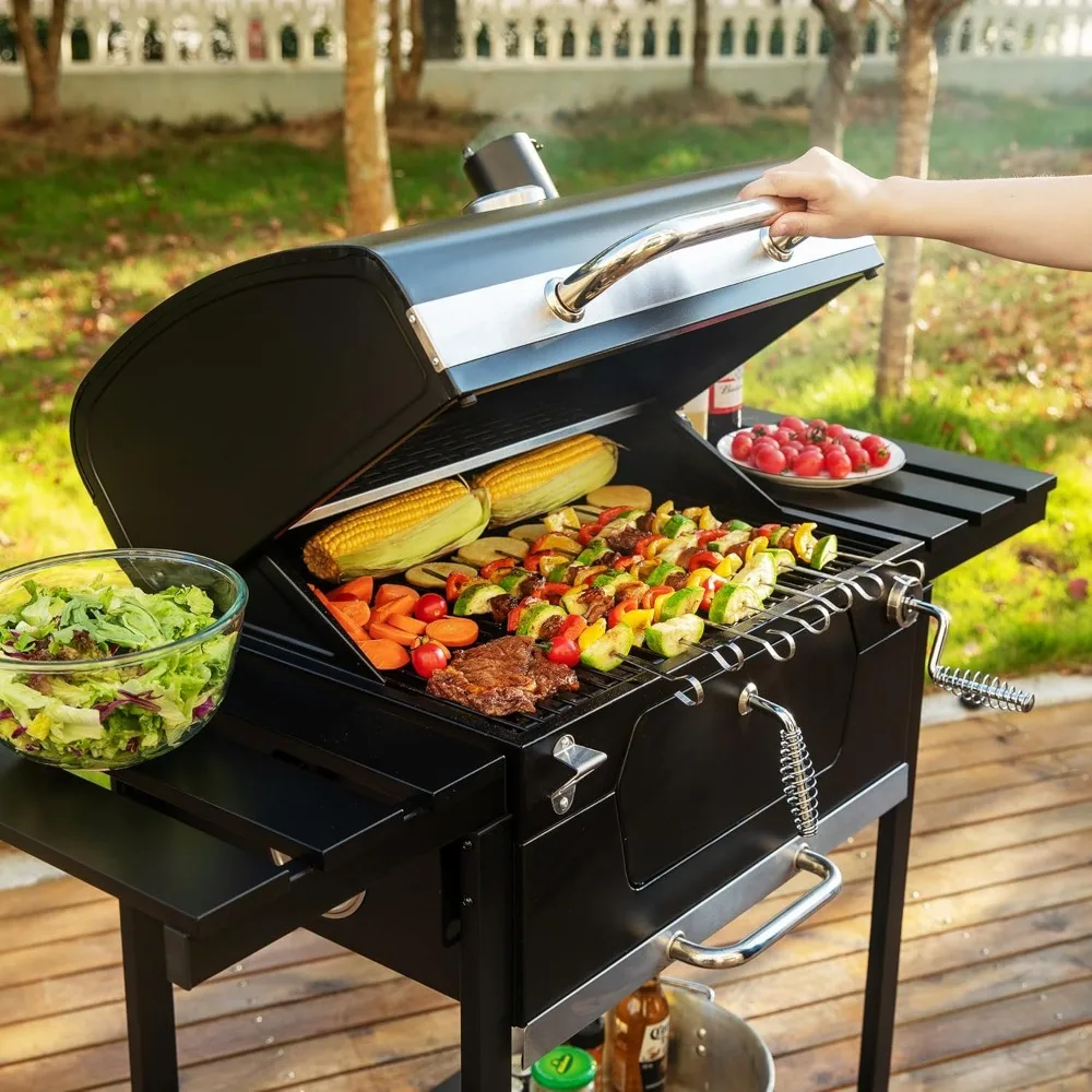 Charcoal Grill, 24 Inches, with Foldable Side Table, 490 Square Inches, Cooking Area for Outdoor Picnics and Camping Barbecues