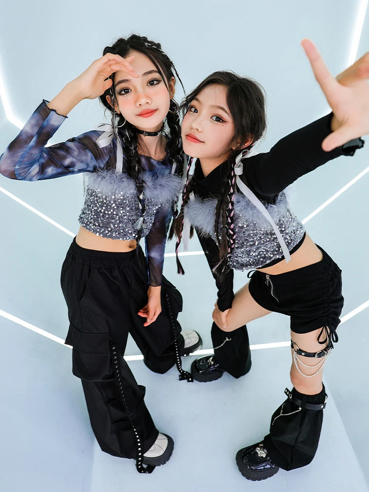 Girls Hip Hop Dance Costume Sequin Vest Black Pants Jazz Kpop Performance Clothing Fashion Catwalk Outfits Stage Wear BL13278