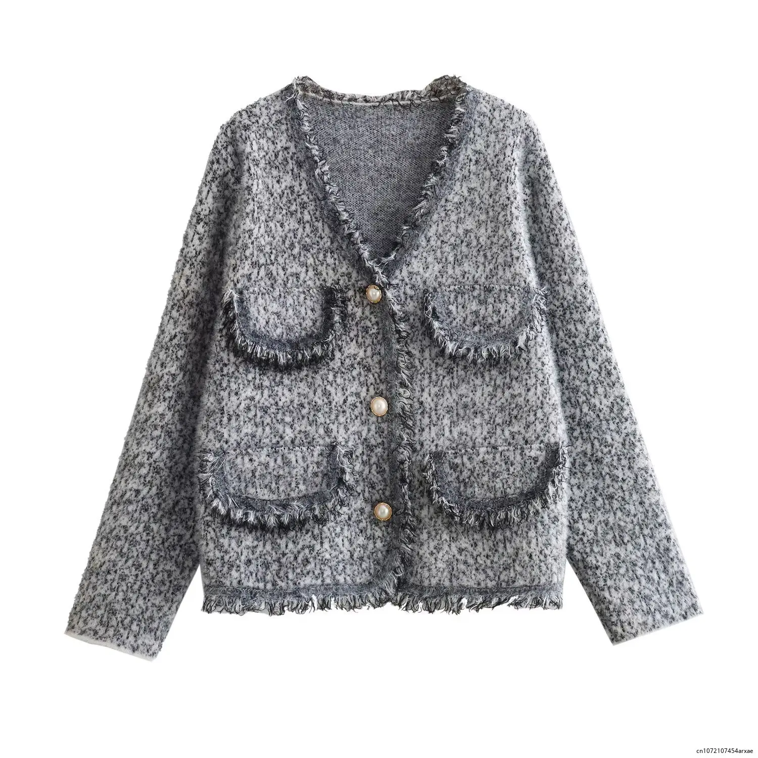 2023 Retro Style Autumn Women's New Sweater Cardigan Hemp Gray Raw Edge French Wool Knitted Cardigan Sweater Jacket