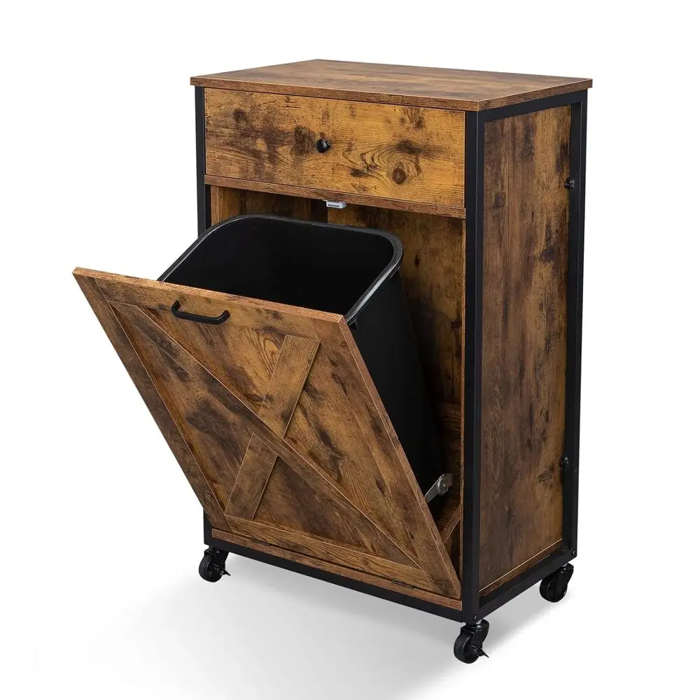 

Rustic Brown Wooden Trash Cabinet with Drawer, Mobile Pet Proof Storage Organizer, Living Room Laundry Basket