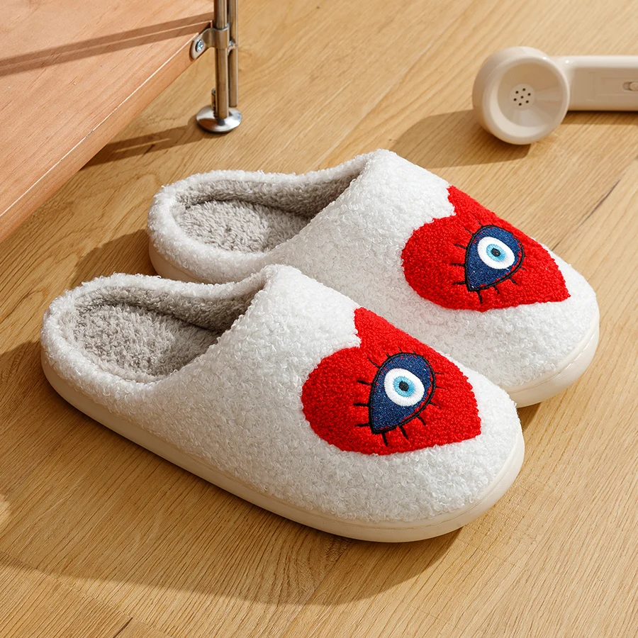 Home Women Slippers Evil Eye Embroidery Fuzzy Winter Indoor Anti Slip Comfort Slipper Leisure Bedroom Warm Soft Cotton Shoes