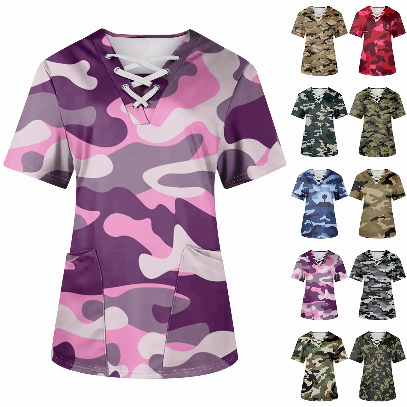 

Fashion Loose Camouflage Printed Scrub Working Uniform Tops for Female Short Sleeve Breathable Workwear Tee with Pockets