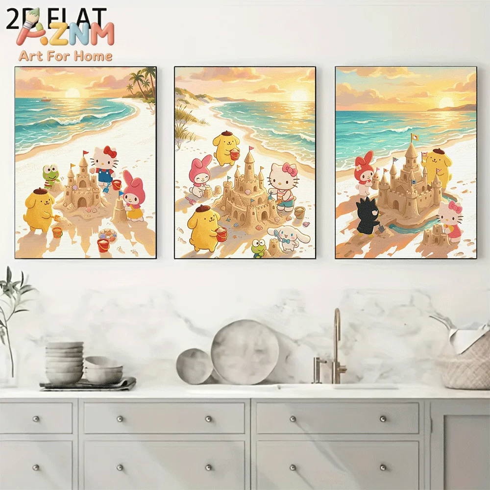 AZNM Cute Sanrio Characters Beach Sunset Canvas Wall Art Unframed Hello Kitty Friends Sandcastle Painting Home Living Room Decor