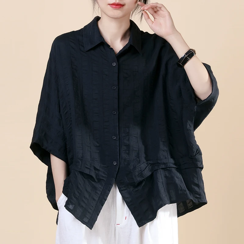 

Extra Large Batwing Sleeve Shirt Cover up Design Beautiful Silhouette plus Size Women's Cotton Linen Blend Button up Shirt