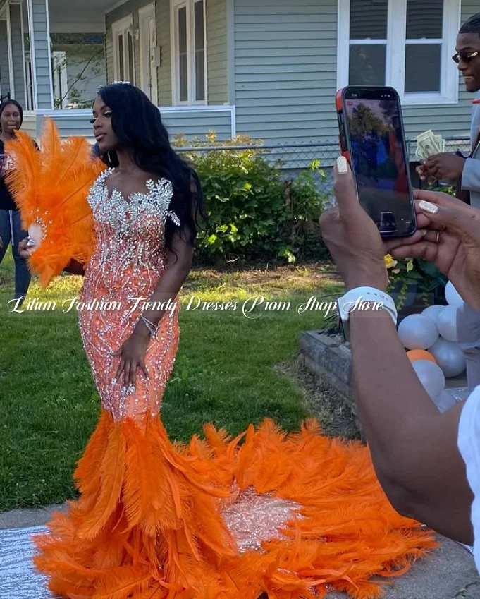 Orange Gorgeous Luxury Feather Black Girl Wedding Dress Crystal Appliqué Beaded Mermaid Sexy Bridal Gown Customized Prom Dresses