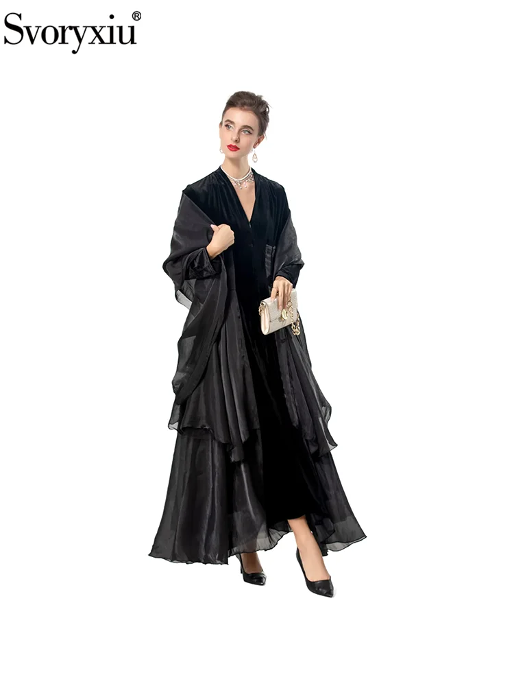 Svoryxiu Fashion Runway Autumn Party Black Elegant Long Dress Women Shawl V-Neck Long Sleeve High Waist Flounces Big Swing Dress