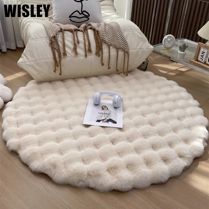 

Luxury Fluffy Faux Fur Carpet for Living Room Round Bubble Fleece Solid Color Area Rug Anti Slip Plush Bedroom Bedside Floor Mat