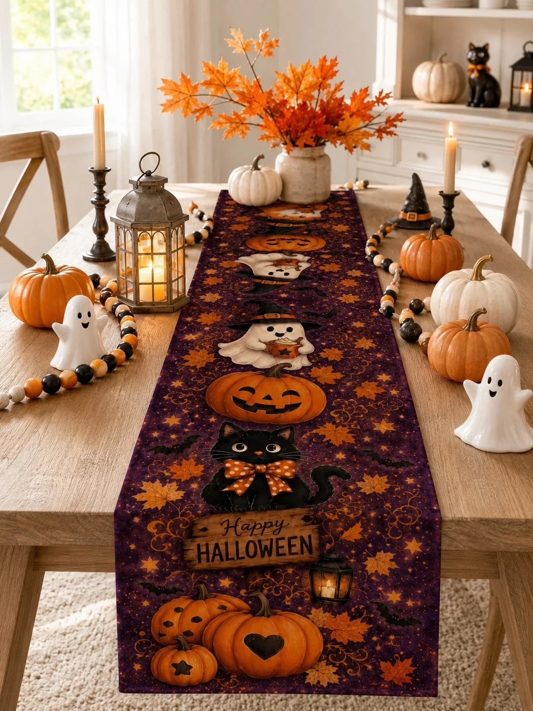 1pc Halloween Linen Table Runner,Black Cat Ghost Pumpkin Maple Leaf Print for Dining Table Kitchen Living Room HappyHoliday Part