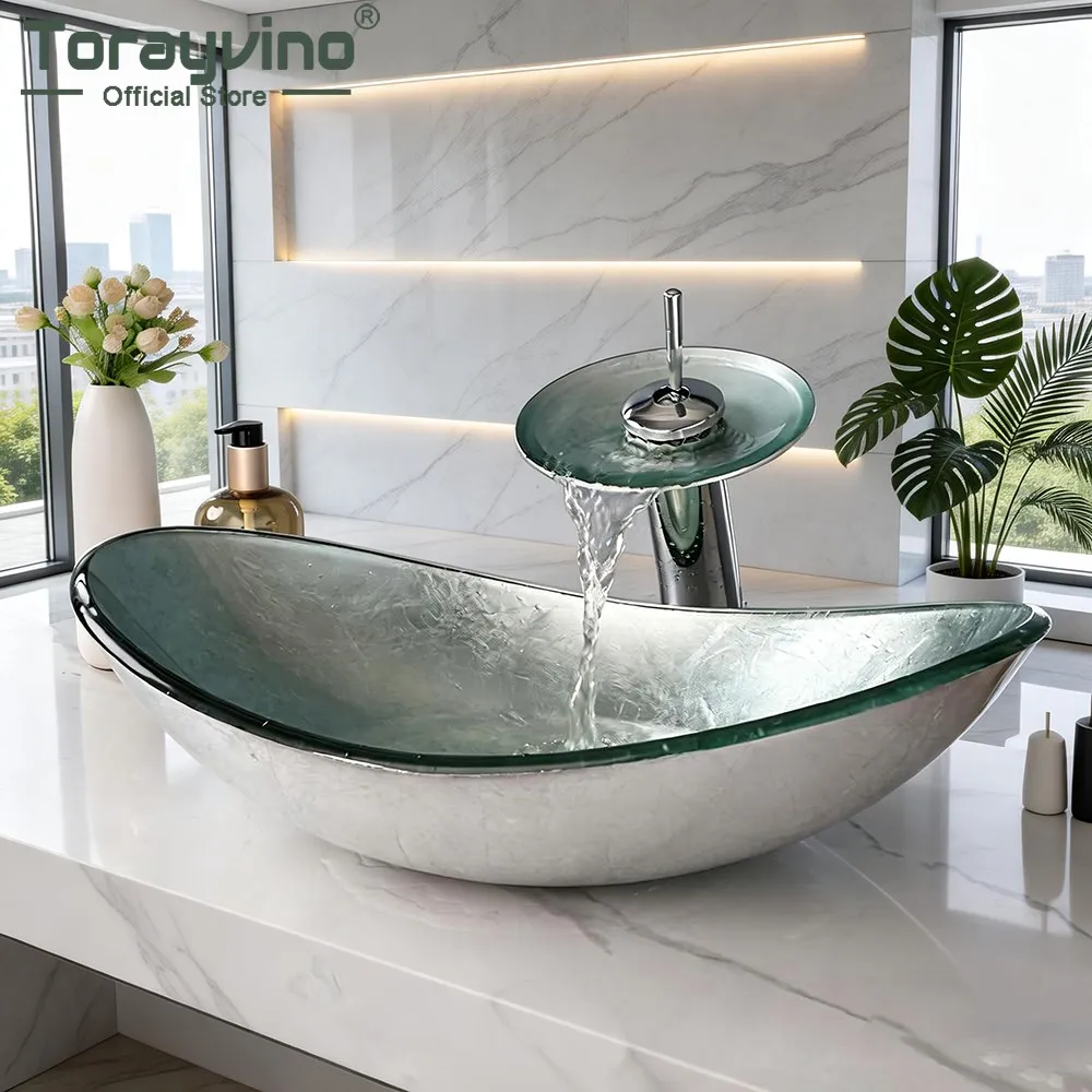 Torayvino Oval Bowl Bathroom Tempered Glass Sink Faucet Set Washbasin Waterfall Vanity Mixer Water Tap W/ Pop-up Drain Combo Kit