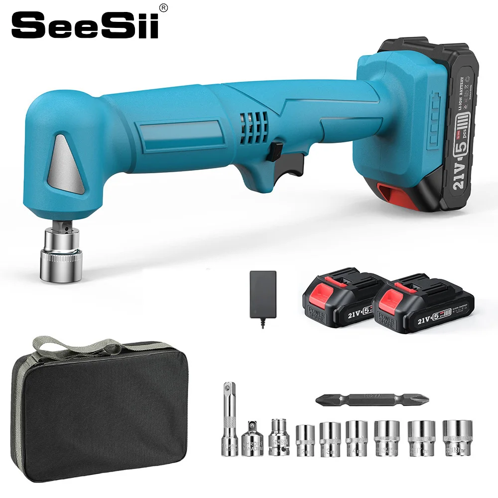 

SEESII 3/8Inch 90Nm Cordless Electric Wrench Right Angle Ratchet Wrenches 21V Car Repair Tools Set for Makita 18v Battery