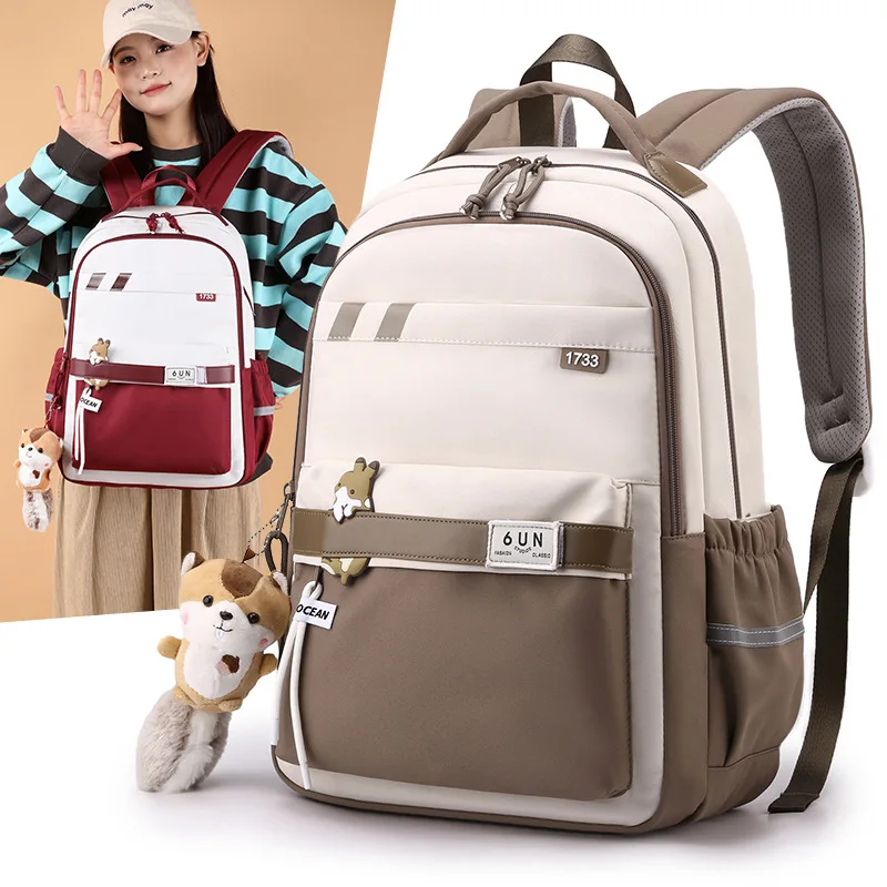 Cute Squirrel Girl school bag with pendant for teenage girls High school waterproof backpack schoolbag suitable for grades 3-6