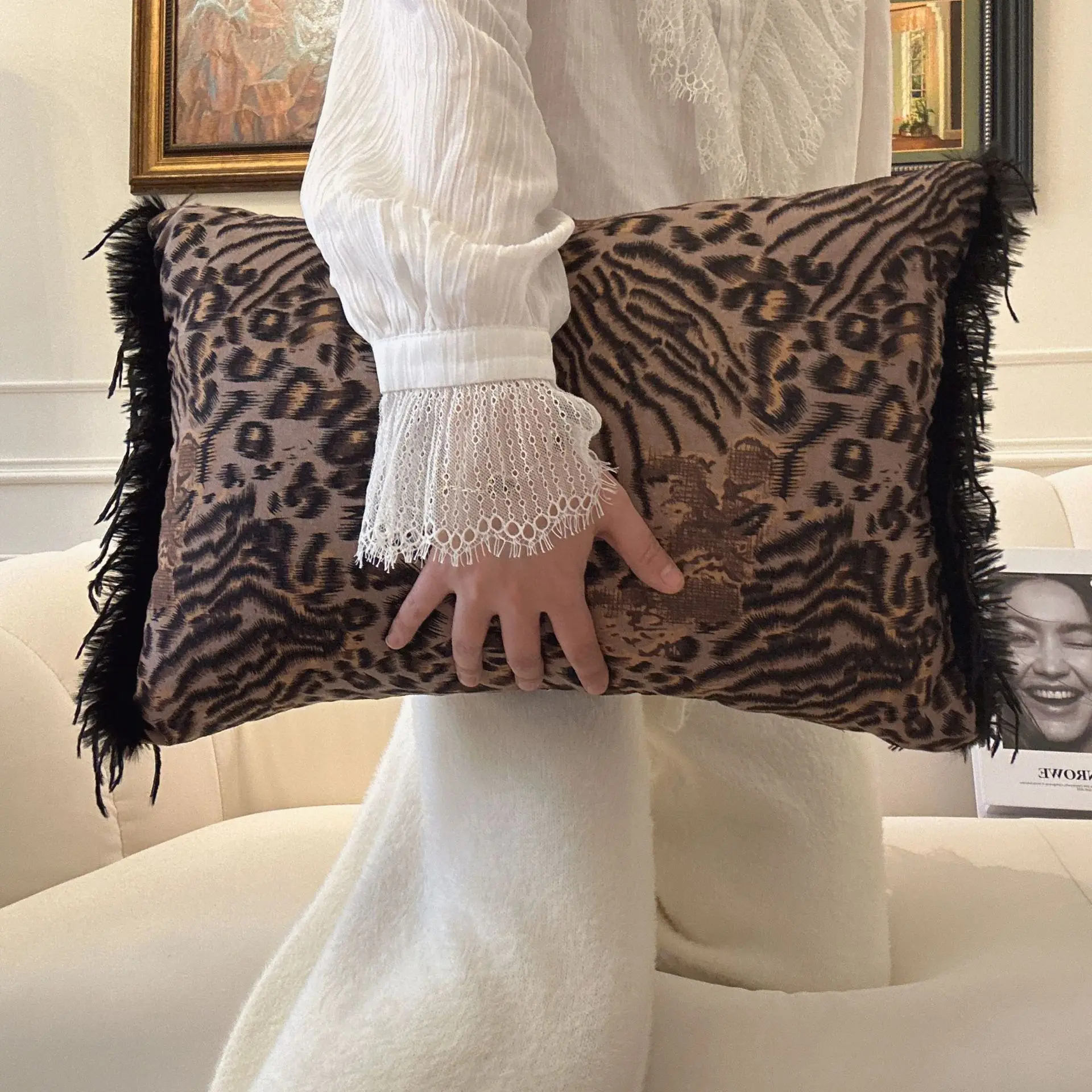 INS Vintage Cushion Princess Style Backrest Chair Lumbar Pillow Thickened Dormitory Bed Removable Washable Leopard Print Pillow