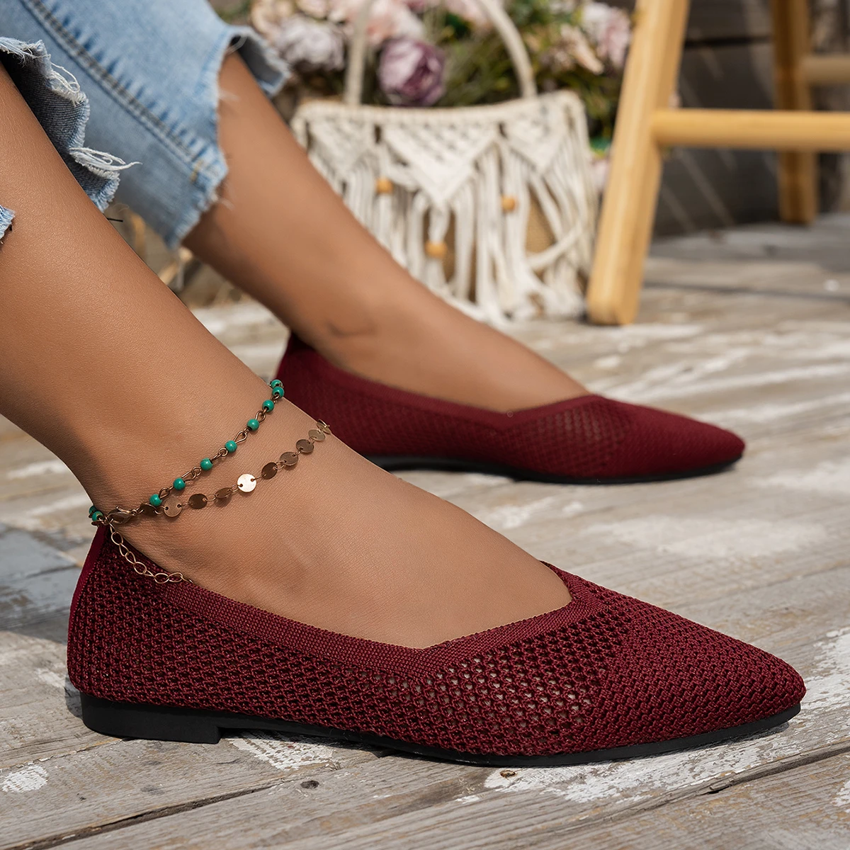 Neue Frauen Spitz Wohnungen Schuhe Casual Atmungsaktive Ballett Turnschuhe Frauen Leichte Einfarbig Gestrickte Slip auf Damen Loafer – Detail 12