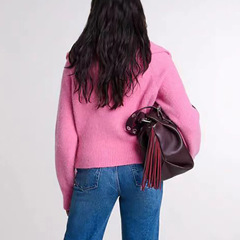 Cotton Women\'s Sweater Y2k Large Lapel Blend Shoulder Sleeve Elegant Commuter Zipper Pullover Jacket Tops 2024 Autumn New