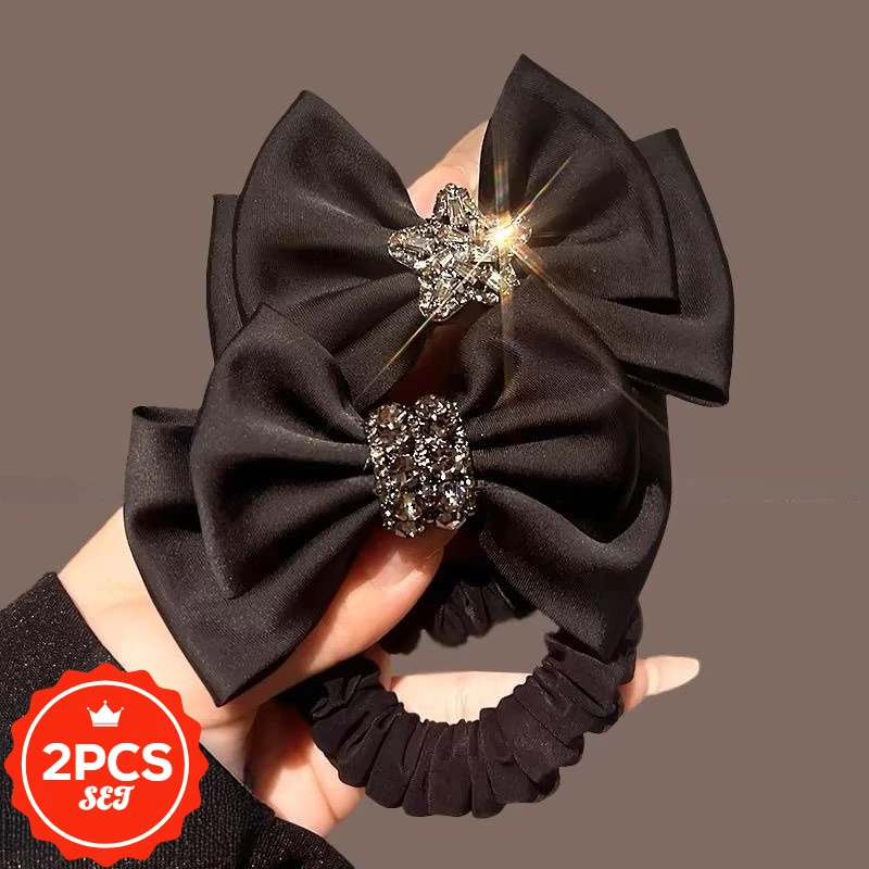 

2Pcs/set Fashionable Bow Tie Hair Tie, Hair Elastic, High Elasticity Headband, Temperament Rhinestone Headpiece Hair Accessory