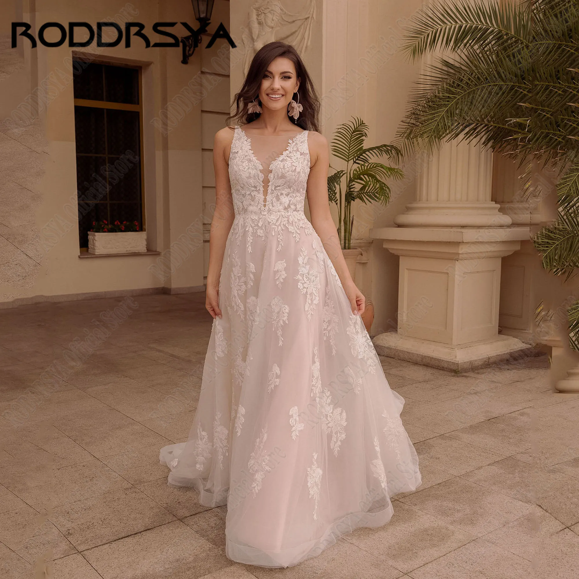 RODDRSYA abiti da sposa a-line senza maniche personalizzati Scoop Applique pizzo Backless abiti da sposa Boho Robe De Mariee Sweep TrainRODRSYA Personalizzato Senza Maniche A-Line Abiti Da Sposa Scoop Applique Pizzo Ba