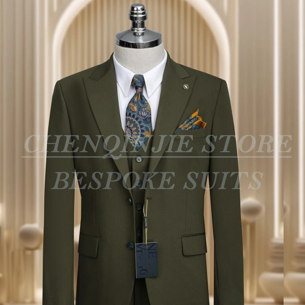 

Customzied Solid Color Men's Suits Formal Wedding Single Breasted Peak Lapel Slim Fit 3 Piece Jacket Pants Vest Male Clothing