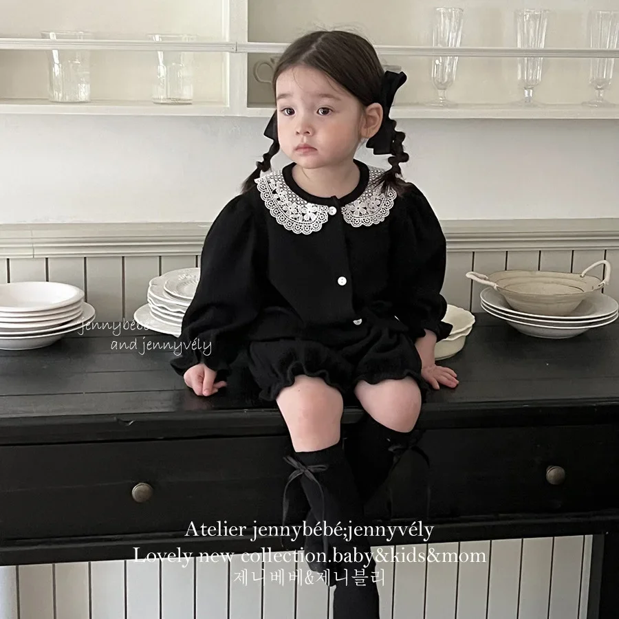 2024 Autumn Children Girl Korean Two Piece Set Baby Cardigan Jacket Fart Shorts Fashion Solid Elegant Princess Suits