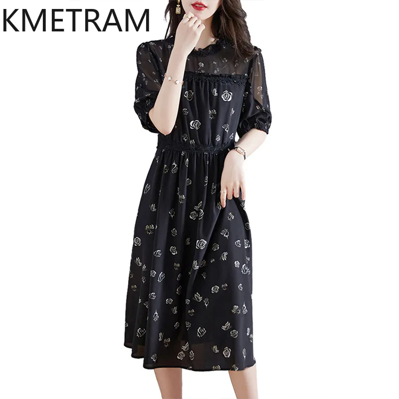 KMETRAM 100 % Maulbeerseide, hochwertige Blumenkleider für Damen, 2024, Sommer, große Größe, schwarzes Kleid, mittellange Damenbekleidung, Neu