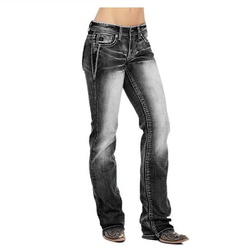 Pantaloni dritti Casual a vita alta nuova vendita calda pantaloni Jeans ricamati con elemento bandiera lavata da donna nero blu scuro azzurro