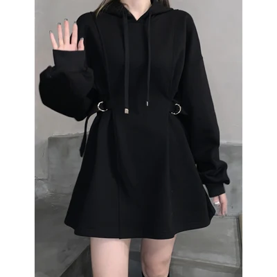 

Loose Long Sleeve Hoodie Dress Women's Lazy Style Street Fashion Black High Waist A-Line Skirt Commute Korean Style Dress