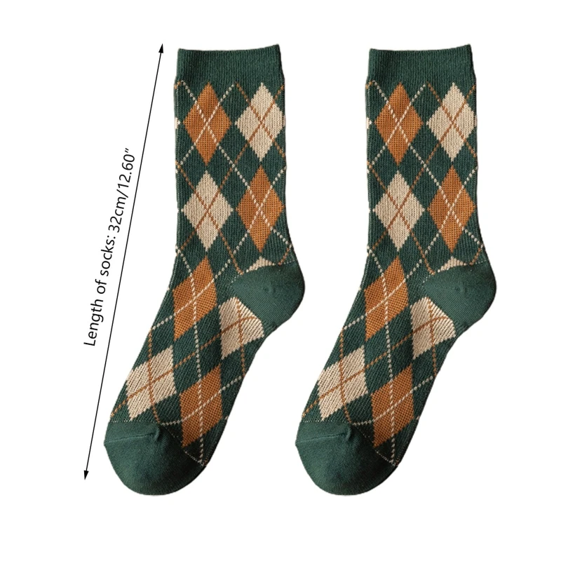 Chaussettes ethniques Argyle diamant imprimé à carreaux pour femmes, bonneterie en coton mi-mollet, Vintage, Preppy, pour