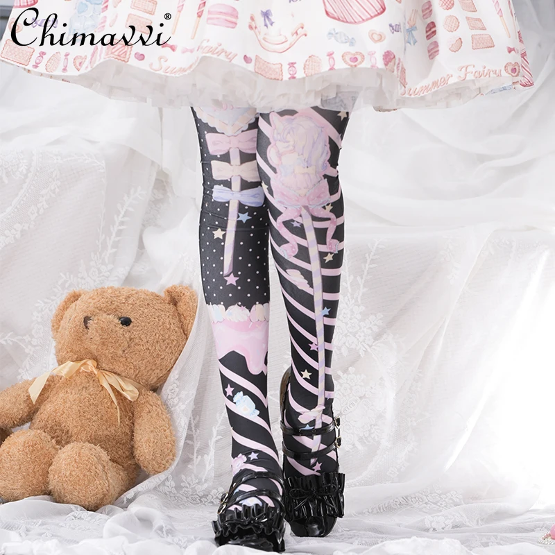 Lolita Style Above Knee Socks for Women Autumn Printed Tube Socks Student Girls Cute Velvet Knee Socks Japanese Sweet Stockings