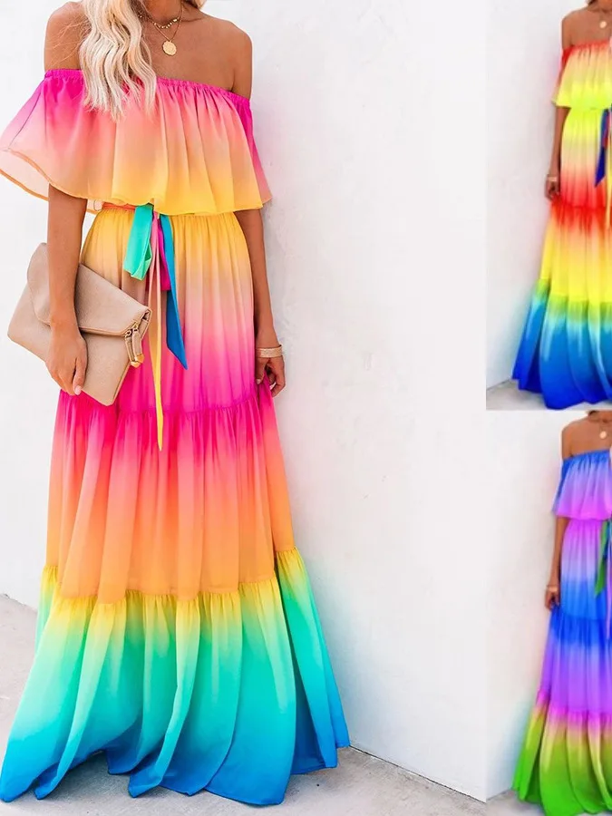 Summer 2023 Tie-Dye Stitching Print Sexy Dress Street Style High Waist Polyester Georgette Blouse Short Sleeve One-Shoulder D...