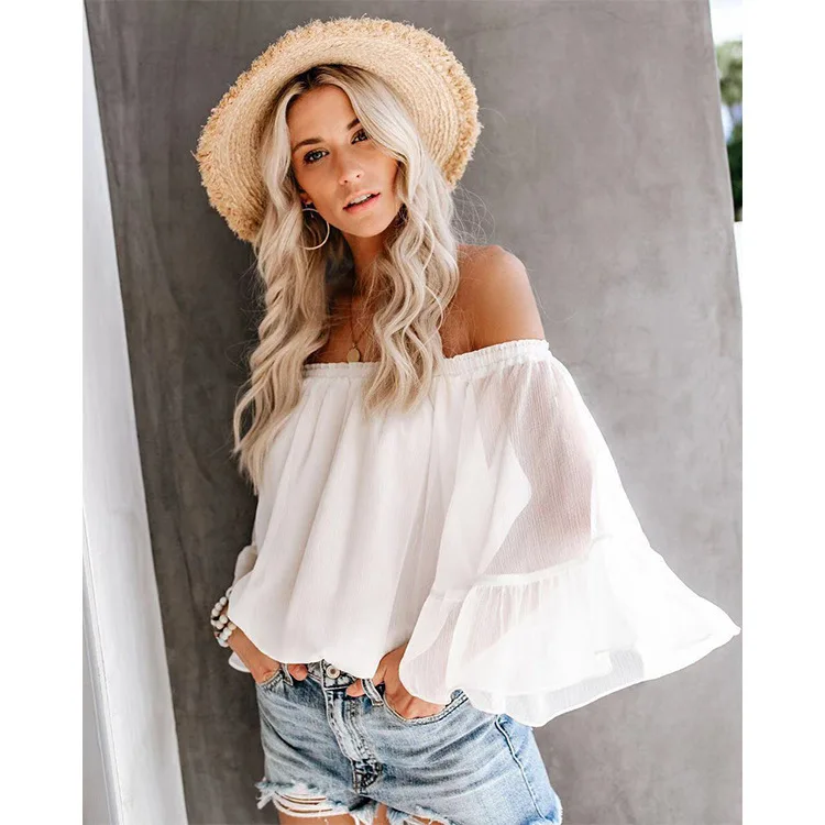 25 Fashion Sexy New One-Shoulder Loose Bell Sleeve Chiffon Blouse Women's Top Sheer 0337