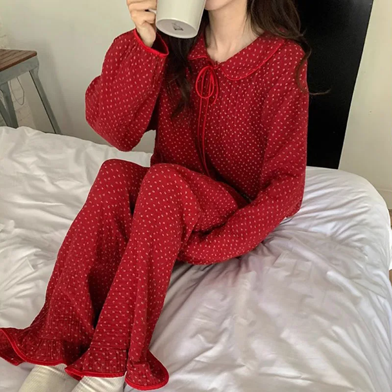 

Женская пижама с кукольным воротником в стиле ретро, весна-осень 2022, домашняя одежда, брючный костюм с длинными рукавами, милая одежда для сна в стиле принцессы