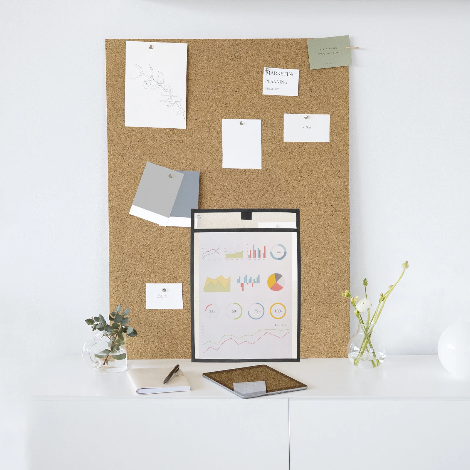 

6pcs Reusable Clear Pvc Dry Erase Pockets With Marker Storage 10 Colors Metal Eyelets For Classroom Office School Stationery