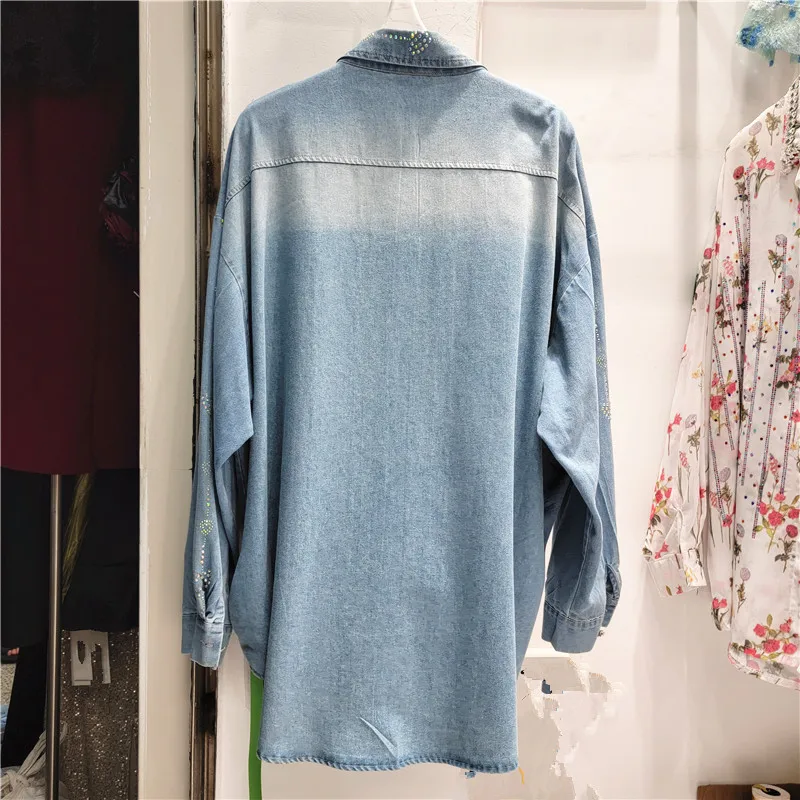 High Street Denim Shirt Top Female 2024 Spring Autumn Love Striped Crystal Rhinestone Jean Coat Casual Loose Blusas Femininas