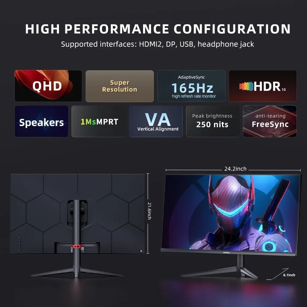 Gaming Monitor 27 Inch QHD 1440P Computer Monitor 165Hz VA 1ms Built-in Speakers, FreeSync, Ultra-Thin PC Monitor,