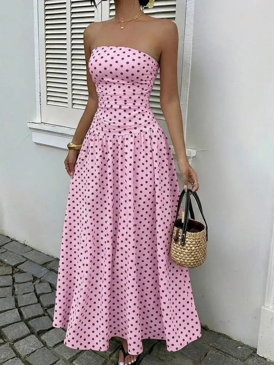 

Casual Vacation Polka Dot Strapless Maxi Dress For Women Summer Pink