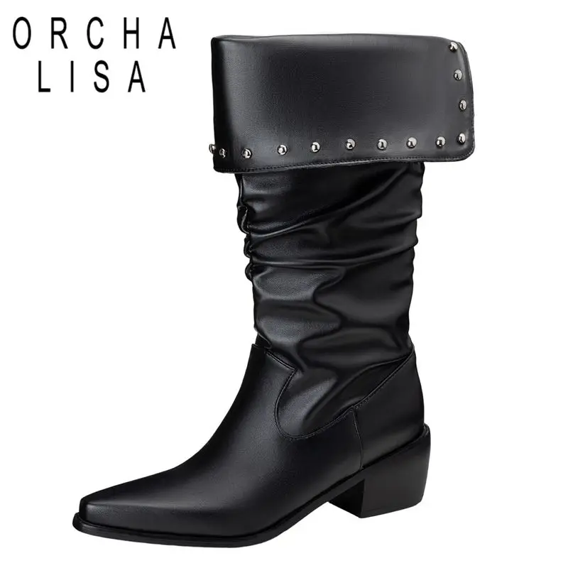 

ORCHA LISA 2025 Новые женские сапоги двойного назначения до колена с острым носком на блочном каблуке 5,5 см, слипоны с заклепками, большой размер 46 47 48 Fashion Bota