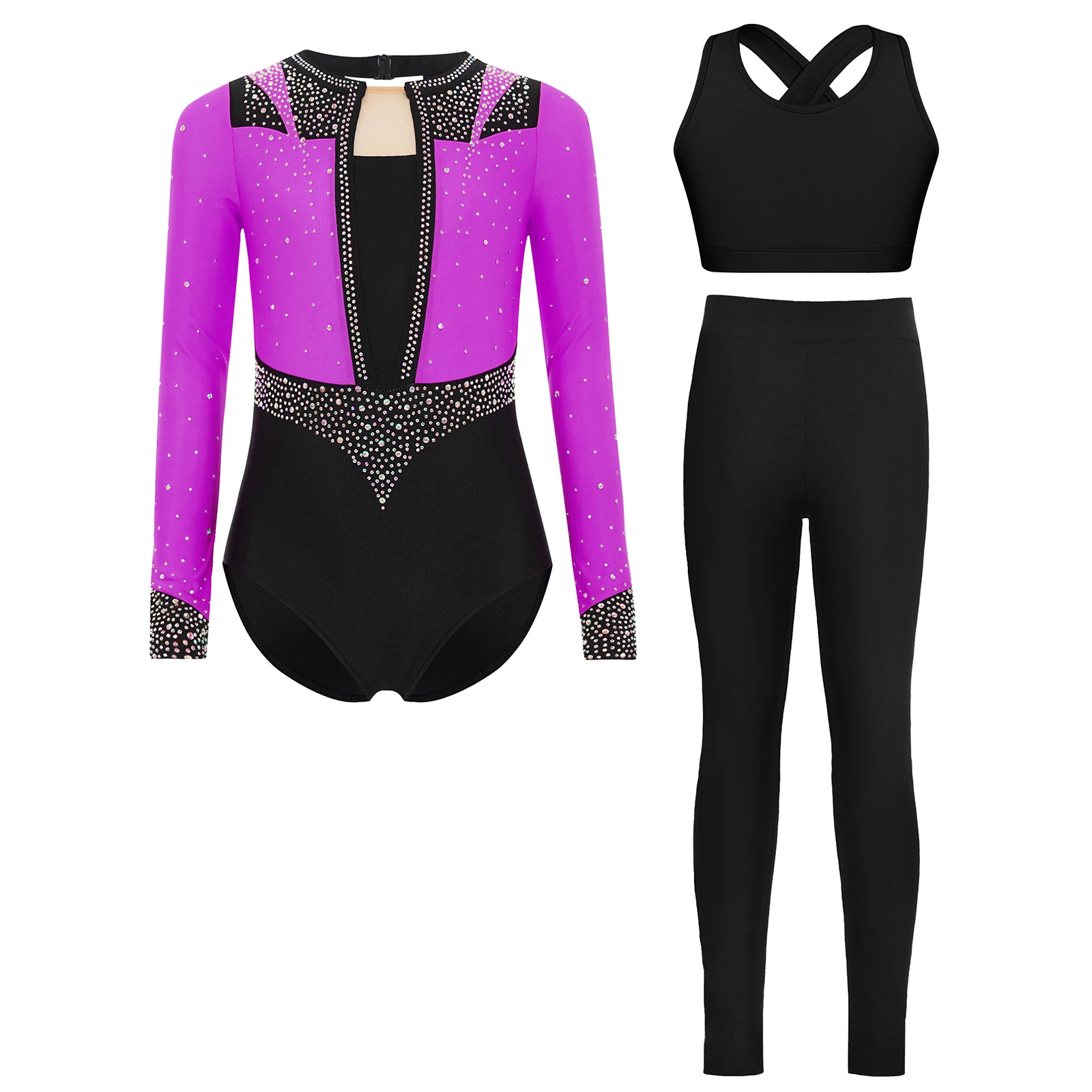 

3Pcs Kids Girls Gymnastics Figure Skating Dance Costumes Long Sleeve Keyhole Back Color Block Leotard+Vest Crop Top+Leggings Set
