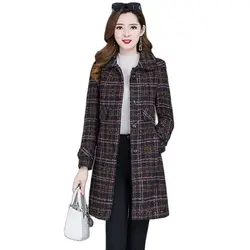 2022 Autumn Winter Women's Plaid Mid Long Coats Casual Jacket Fashion Single-Breasted Outerwear High Quality Female Woolen Coats