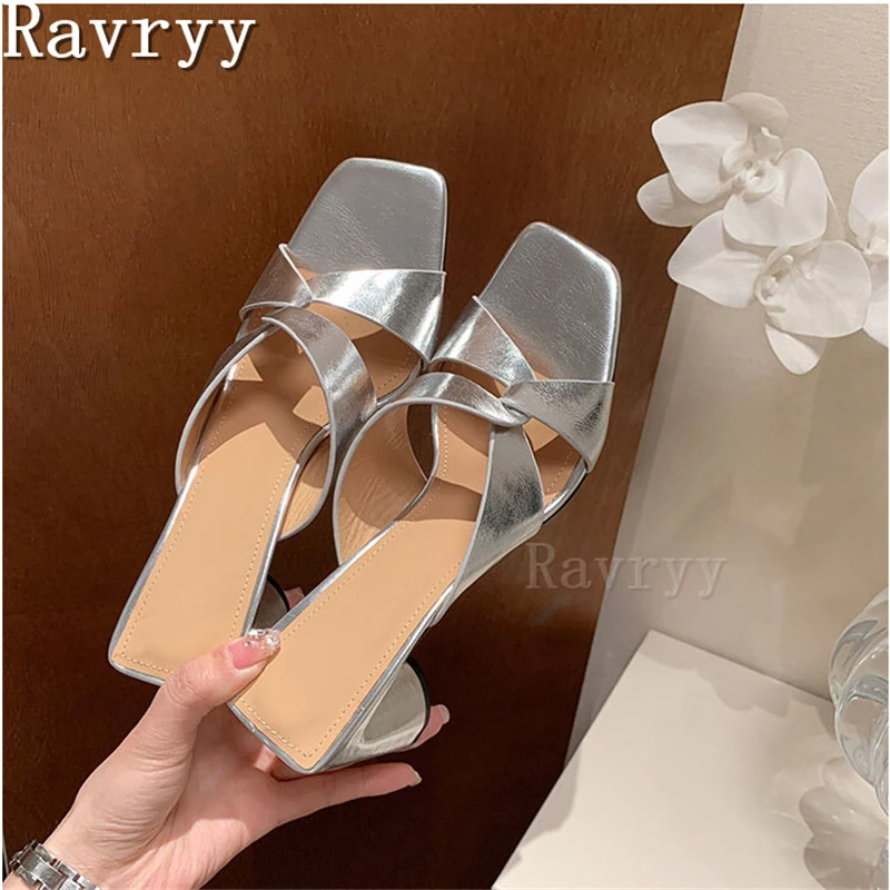 

Silver Cross Band Slippers Women Square Open Toe Thick Heeled High Heeled Cowhide Sandals Female Summer Outside Shoes