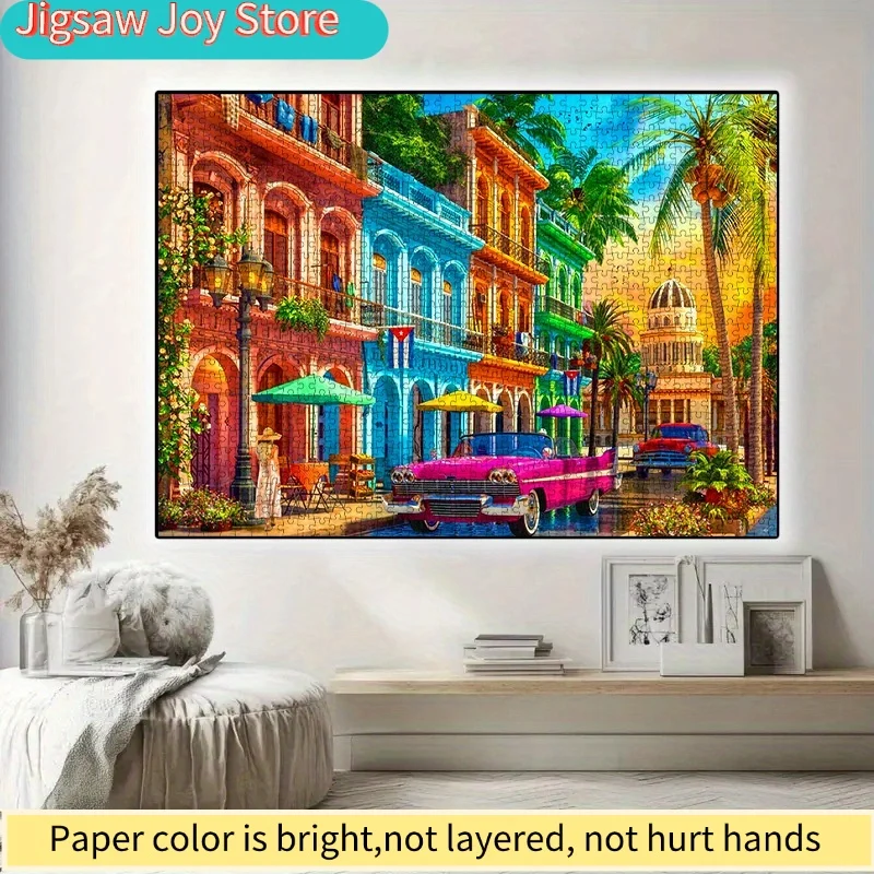

A Paper Puzzle Showcasing The Vibrant Street Scenes of Cuba, Featuring Vintage Convertibles, Colorful Buildings, Swaying Palm
