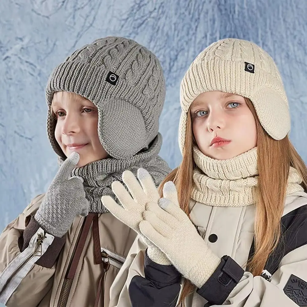3Pcs/Set Simple Solid Color Hat Scarf Gloves Set Coldproof Earflap Winter Pullover Hat Thickened Ear Protection Caps Children