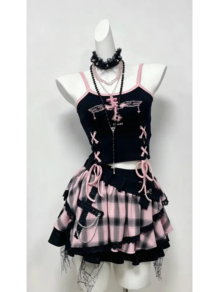 Y2K Millennium Spicy Girl Subculture Design Strap Vest Women's Summer New Irregular Plaid Skirt Set Fashionable Workwear