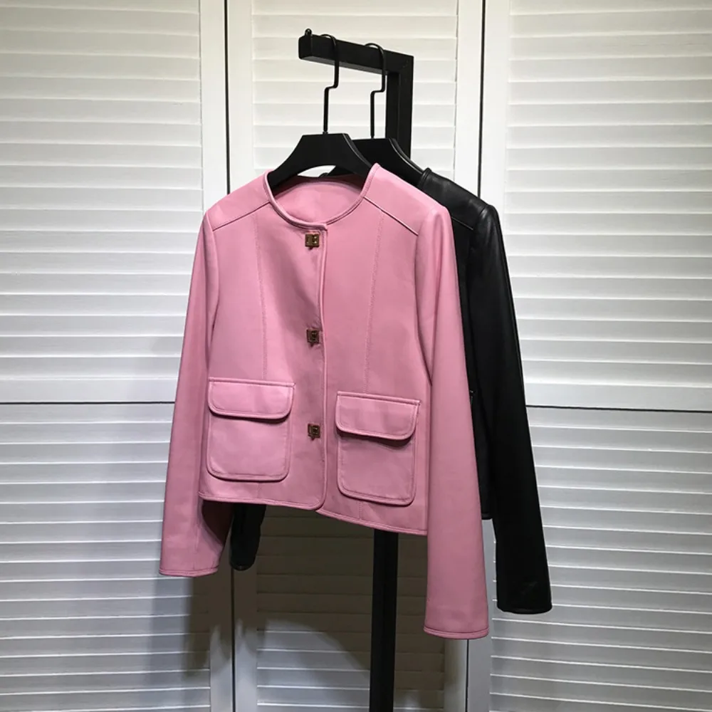 

2023 Spring Brand New Designer Fashion Women's High Quality Sheepskin Genuine Leather Pockets O-neck Jackets Coat B848