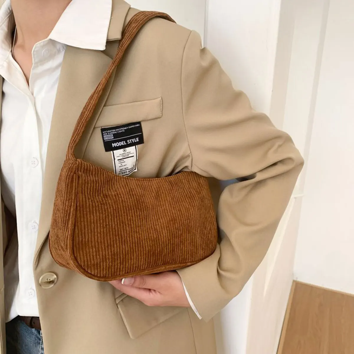 Retro Underarm Bag Women's Half Moon Shoulder Bag Fashion Solid Color Small Handbags For Women New Zipper Corduroy Clutch - view 6