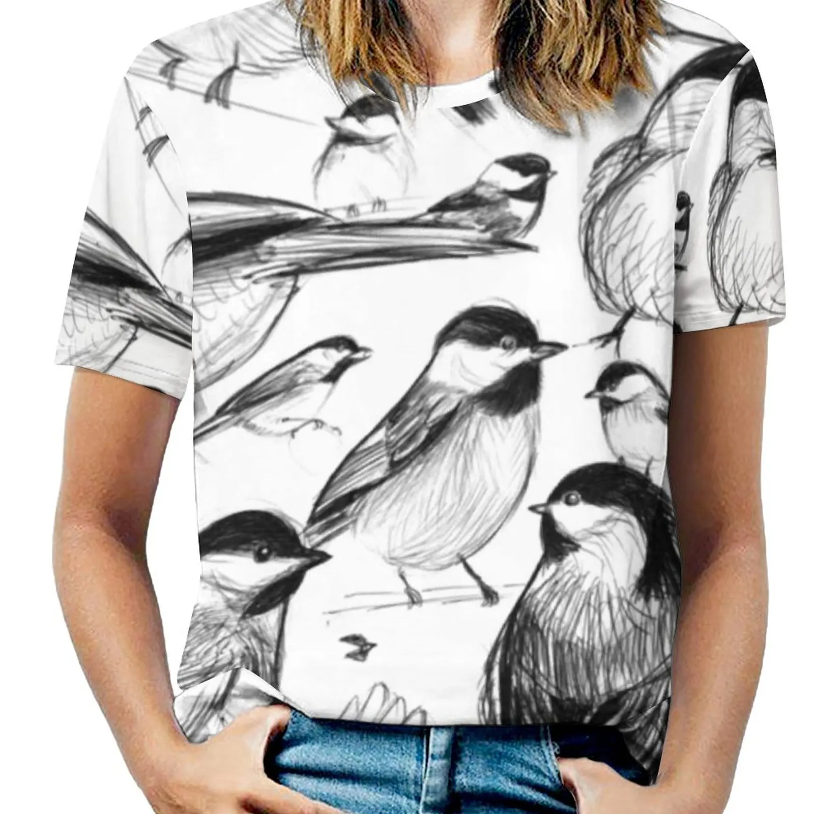 Chickadee Study Fashion Print Women Ladies Girls T-Shirt Harajuku Round Neck Short Sleeve Tops & Tees Chickadee Bird Maine