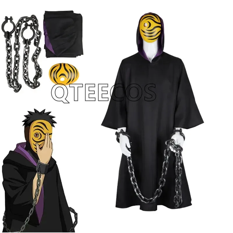 

Anime Uchiha Obito Tobi Cosplay Costume Black Cloak Uniforms Suits Clothes Halloween Outfit and Mask Chain